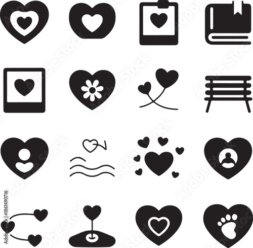 Black and White Valentine Icon Pack of Romantic Memories, Nostalgia and Love Keepsakes