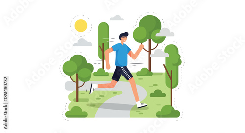Animated illustration of a man enjoying a refreshing jog through a vibrant green park on a sunny day, promoting fitness and outdoor activity for