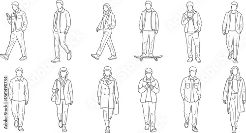 Line of people walking and using phones skateboard faceless