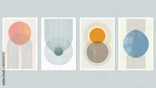Modern abstract art prints with geometric shapes and lines in pastel colors