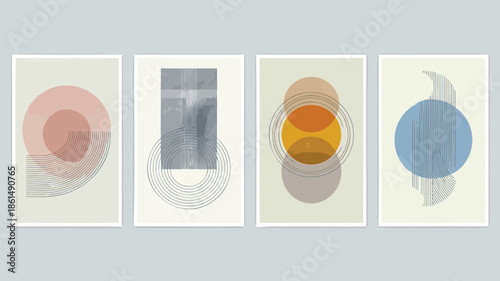 Modern abstract art prints with geometric shapes and lines on cream background