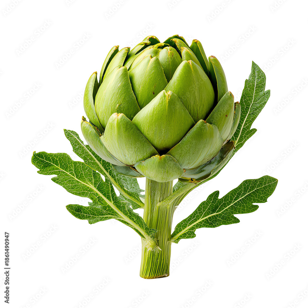 Fototapeta premium Fresh green artichoke with leaves, isolated on a white background.