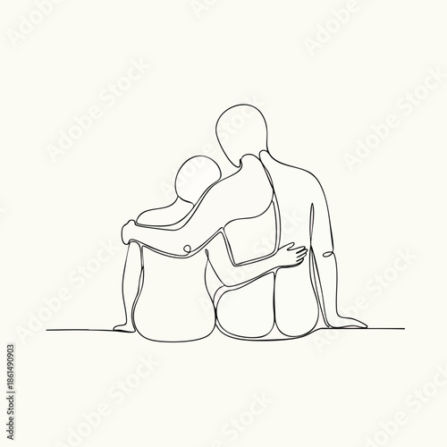 Loving Couple Embracing Tenderly From Behind In Silhouette.