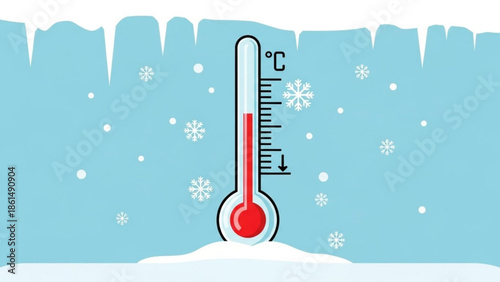 Low temperature reading on thermometer in snowy winter scene
