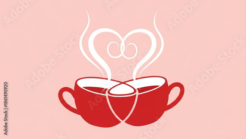 Two red coffee cups with steam forming a heart