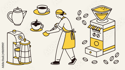 Coffee shop barista making espresso with coffee maker and cups line art vector illustration. Minimalist style for cafe business branding and menu design.