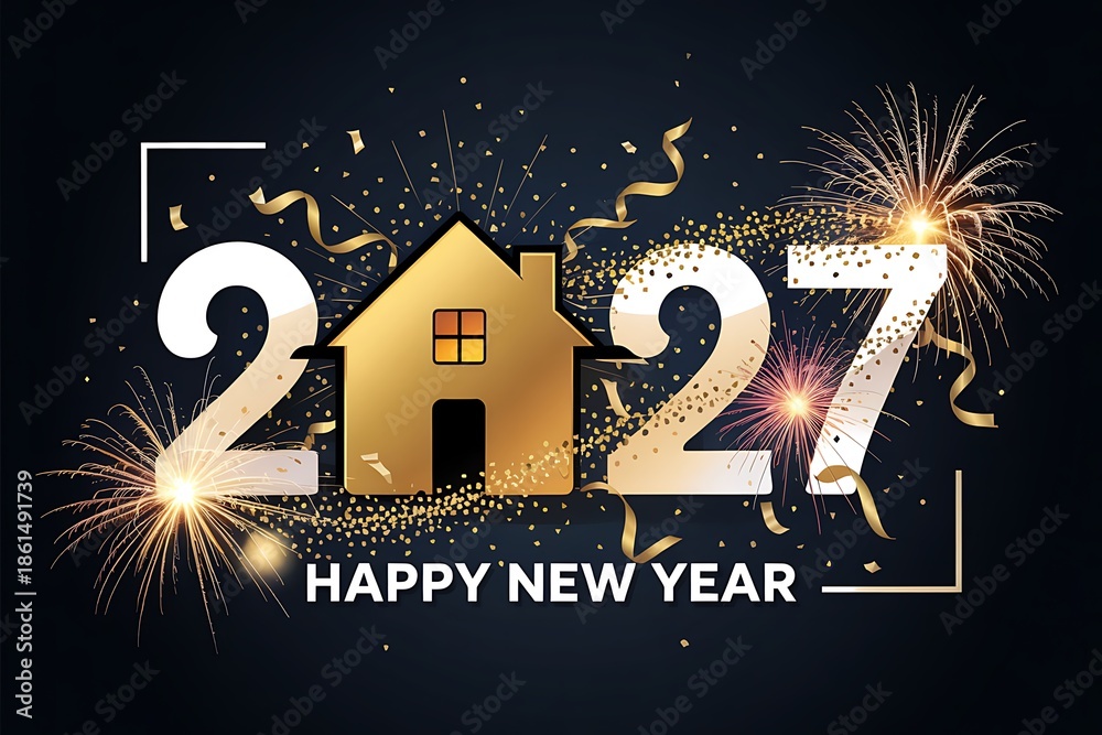 Fototapeta premium A golden house silhouette is prominently featured between the numbers 2027 accompanied by festive fireworks and confetti celebrating a happy new year