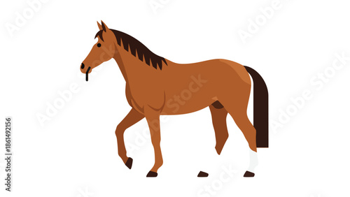 A beautiful brown horse illustration gracefully trotting with dark mane and tail set against a pristine white background captures elegant equine