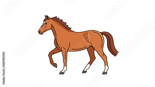 An elegant animated brown horse with a white facial blaze prancing gracefully against a clean white background artwork