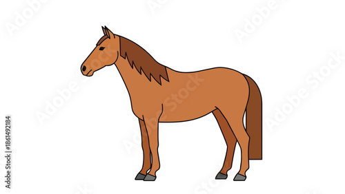 A simple illustration of a standing brown horse in a clean, minimalist style against a white background. This design is perfect for educational