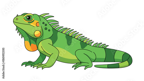 Vibrant emerald iguana illustration showcasing vivid green scales and striking orange dewlap in a clear, isolated cartoon drawing for educational