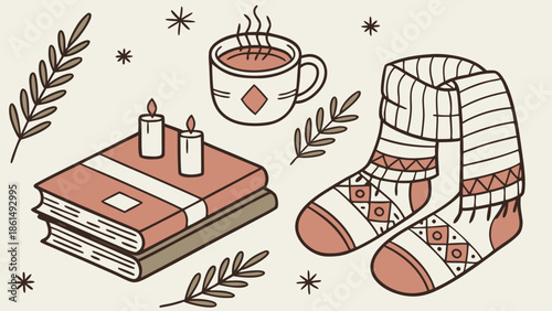 Cozy hygge winter illustration with books, hot coffee, candles, and warm socks. Minimalist vector design for seasonal comfort, self-care and relaxation aesthetic.