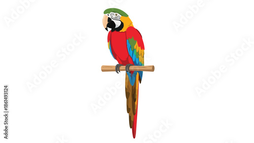 A vibrant tropical macaw perches serenely on a sturdy branch. This illustrative depiction captures the majestic beauty and exotic allure of a