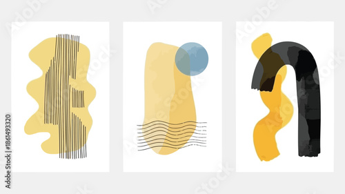 Modern abstract art triptych with yellow and black shapes