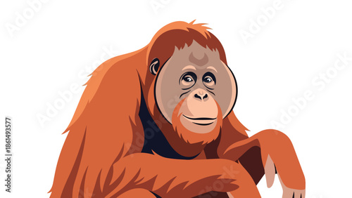 Expressive orangutan illustration depicting a friendly forest ape with warm fur and an inviting gaze, presented in vibrant vector style on a crisp