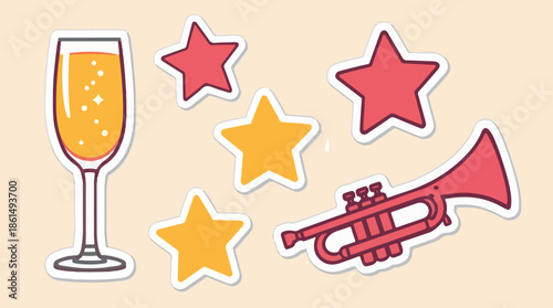 Vector template of a set of champagne glass, star, and trumpet-shaped stickers in a flat design style, featuring bold lines, minimalist details, and a vibrant