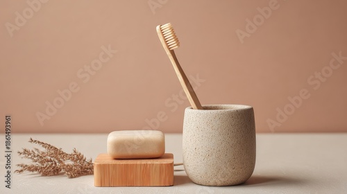 Eco-friendly oral care and hygiene products with bamboo toothbrush ceramic cup and natural soap on a stand