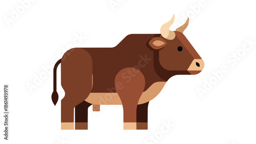 Flat design vector illustration of a sturdy brown bull in profile, showcasing its powerful form with minimalist graphic elements and earthy tones.