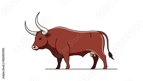 Stylized graphic of a sturdy farm animal, a brown cow featuring large horns and visible udder on white