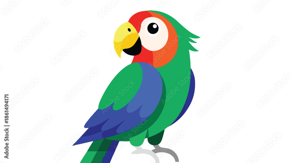 Naklejka premium A cheerful, brightly colored cartoon parrot stands proudly, displaying its vivid green, blue, red, and yellow plumage. This charming tropical bird