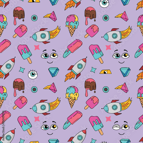 Whimsical Cartoon Pattern of Ice Creams Rockets and Fish.