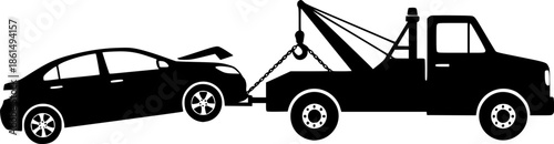 simple tow truck towing broken down car silhouette side view icon symbol transparent background
