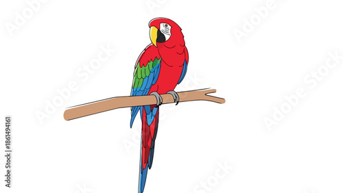 Vibrant scarlet macaw parrot with colorful plumage perched gracefully on a sturdy natural branch displaying its majestic tropical beauty and serene