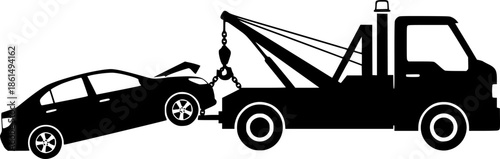 simple tow truck towing broken down car silhouette side view icon symbol transparent background
