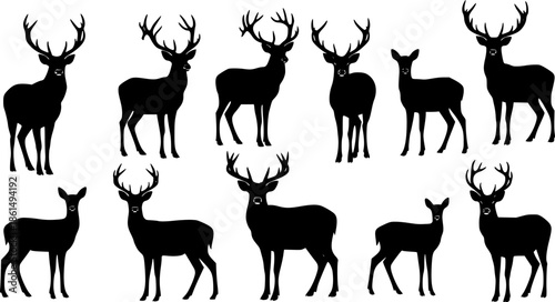 Deer silhouettes set vector illustration, black deer silhouette icon bundle
