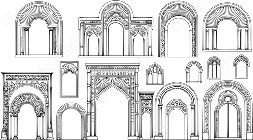 Art deco arch window and door frames, entrance doorways and gateway, vector architectural line drawing. Ancient classic architecture arch doors with arcs of Medieval temple, palace or mosque doorways