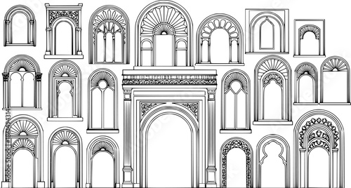 Art deco arch window and door frames, entrance doorways and gateway, vector architectural line drawing. Ancient classic architecture arch doors with arcs of Medieval temple, palace or mosque doorways