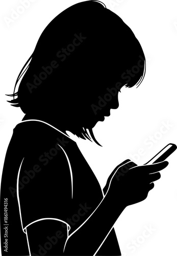 silhouette of a girl using a mobile phone vector art illustration
