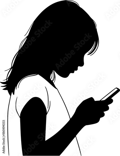 silhouette of a girl using a mobile phone vector art illustration
