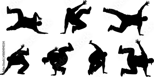 Male Hip-Hop Street Dancer Art Silhouette. Set of silhouettes of dancers breakdance dancer. vector illustration. The set of Dance silhouette. Hip hop dancer vector illustration on white background.