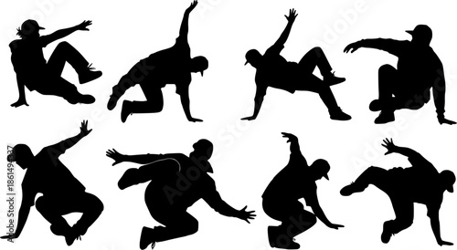 Male Hip-Hop Street Dancer Art Silhouette. Set of silhouettes of dancers breakdance dancer. vector illustration. The set of Dance silhouette. Hip hop dancer vector illustration on white background.