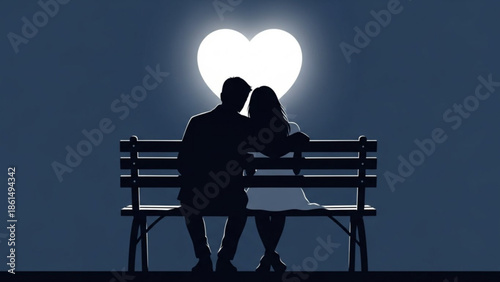 Couple sitting on a bench with a glowing heart above them