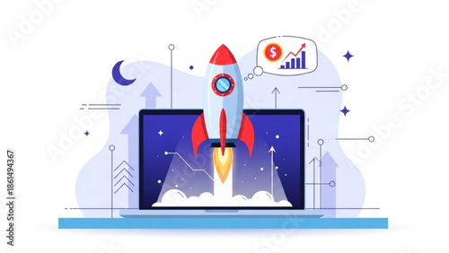 Business growth and success concept with rocket launching from laptop