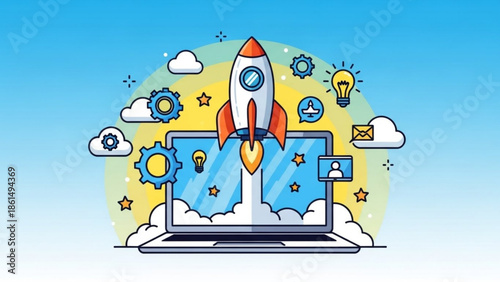 Rocket launching from laptop symbolizing business growth and innovation