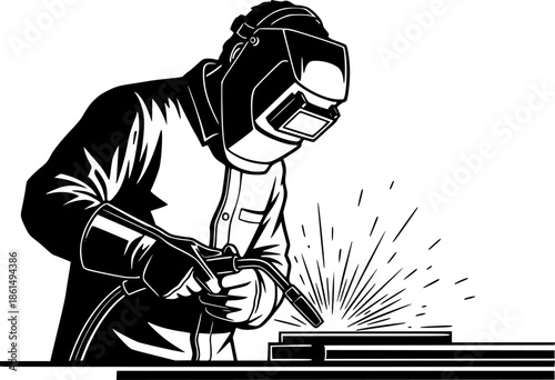 Industrial welder worker with mask and torch manufacturing concept black and white vector icon

