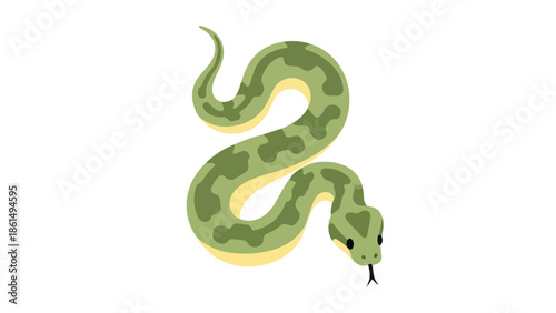 Stylized vibrant green snake illustration with dark patterns, coiled on white. Charming reptile art, perfect for nature themes, educational use, or