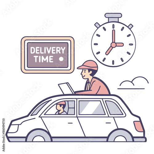 Title: A delivery person in a car checking a laptop with a clock and delivery time sign above
