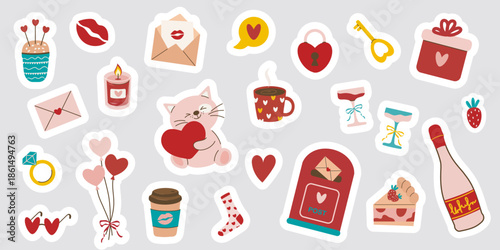 A Set of cute love stickers set for daily planner and diary. Cute hearts, champagne, balloons, gifts, cat, mailbox and coffee cups. Flat vector illustrations isolated on white background.