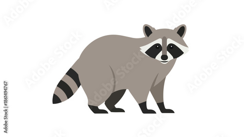 Playful cartoon raccoon with iconic eye mask and striped tail, an endearing woodland creature in a minimalist digital art style, perfect for