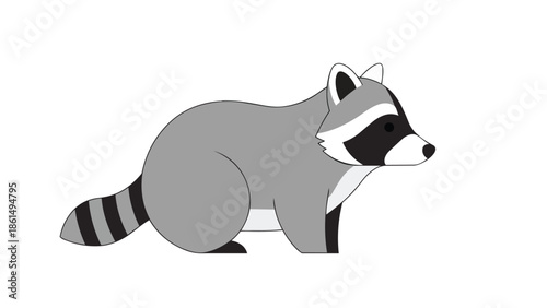 Simple graphic portrayal of a masked nocturnal mammal with striped tail in a clean, isolated studio setting