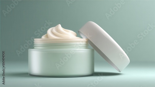 Jar of moisturizing face cream with open lid on a green background