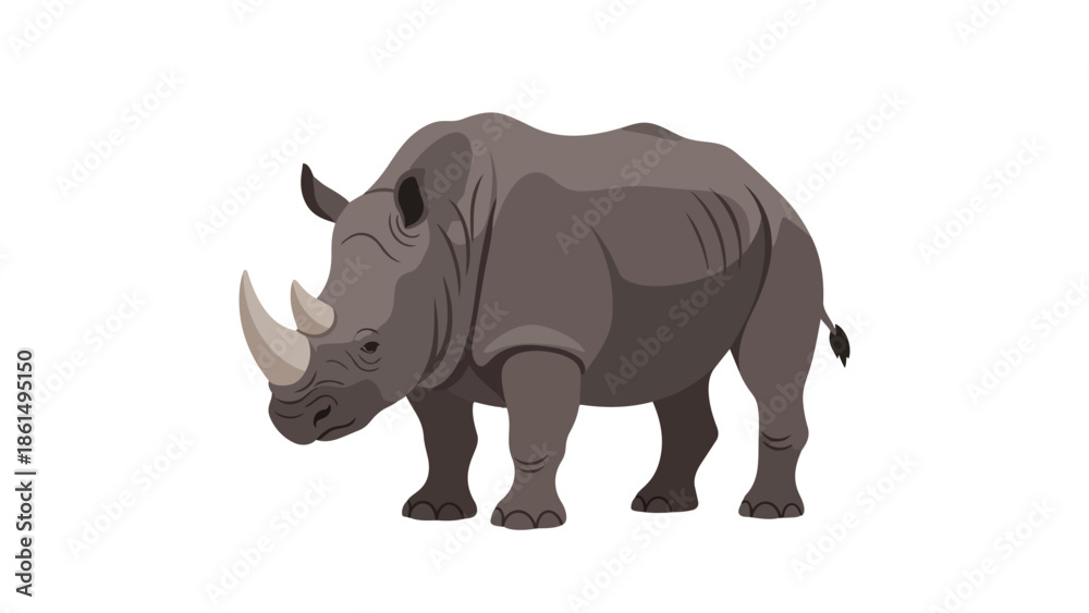 Obraz premium An illustrated rhinoceros stands robustly, showcasing its thick skin and distinctive horn in a clean, contemporary graphic style for all