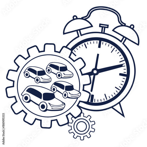 Title: A detailed of a gear-shaped clock with various types of cars inside it in a minimalist