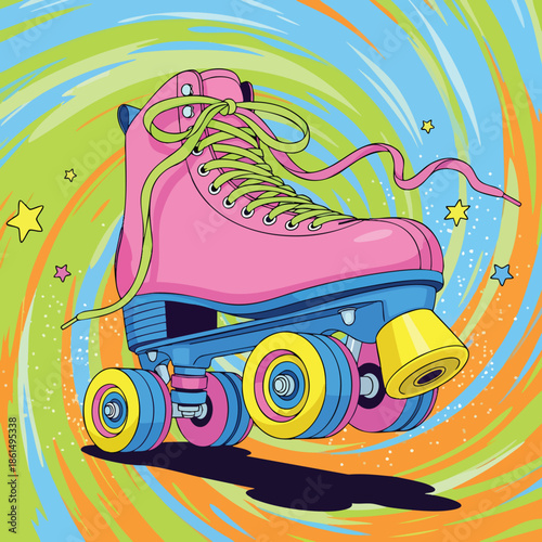 Vibrant Pink Roller Skate with Blue Wheels and Yellow Laces.