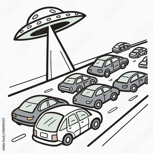 Title: A flying saucer hovering over a busy street with multiple cars and a traffic light