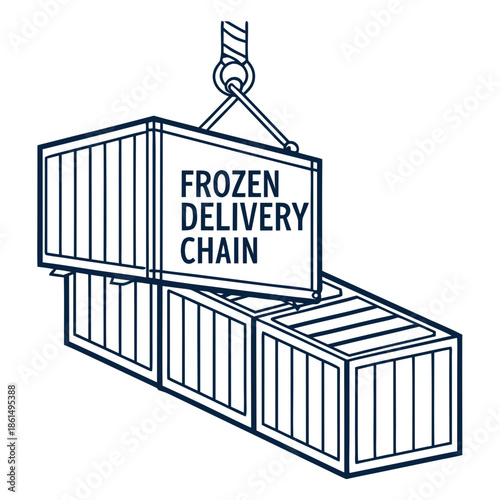 Title: of a shipping container with the text frozen delivery chain and a hook lifting it